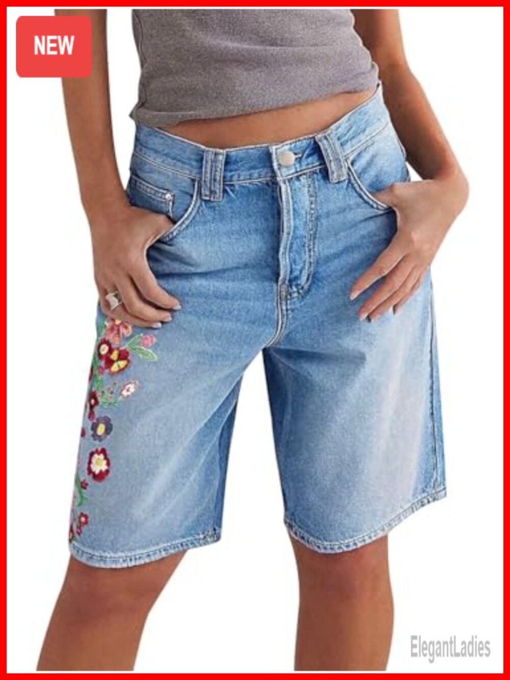 Mid Rise Bermuda Shorts Floral Embroidery Knee Length